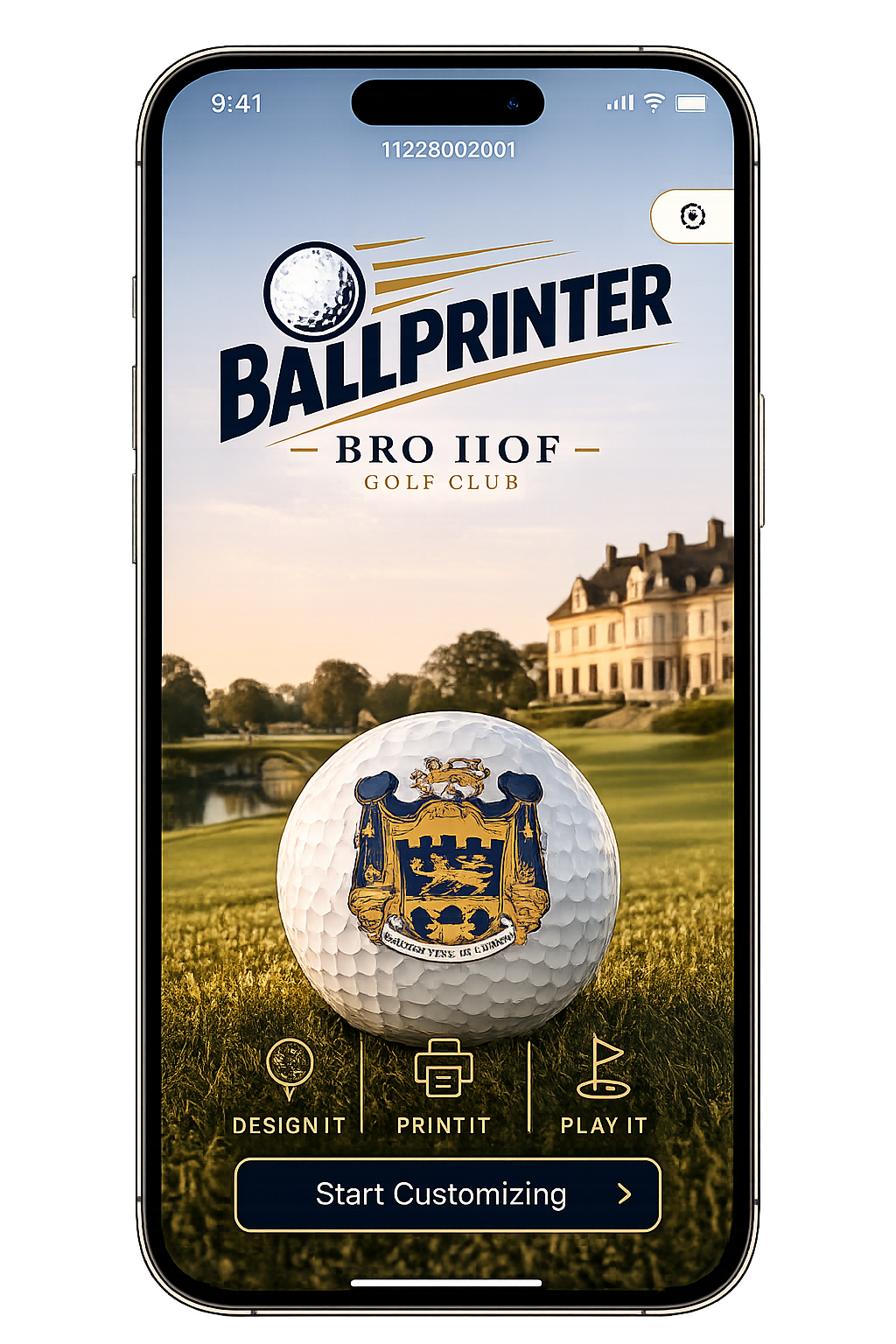 Ballprinter-appens startskärm, anpassad för Bro Hof Slott Golf Club